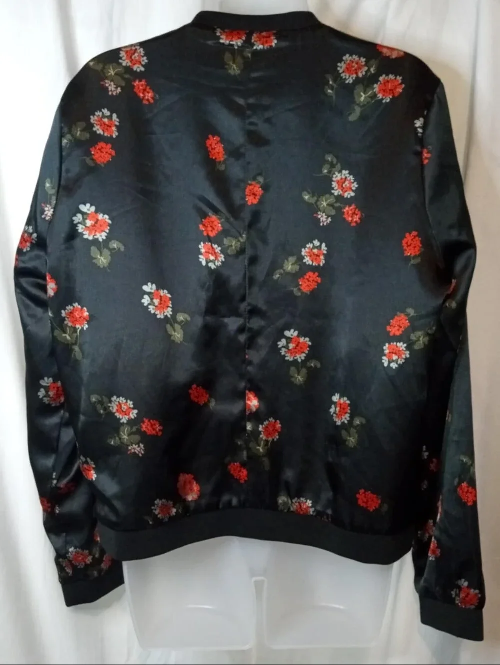 JustFab Black Satin Bomber Jacket Red Floral Print Asian Japan K-POP XL Party